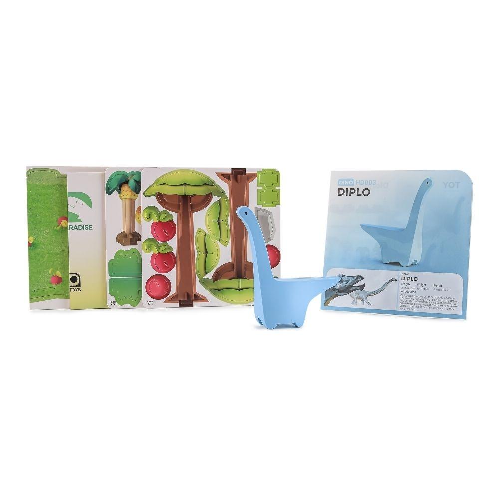 Conteúdo da embalagem Halftoys Diplodocus com diorama, figura e cartão informativo.