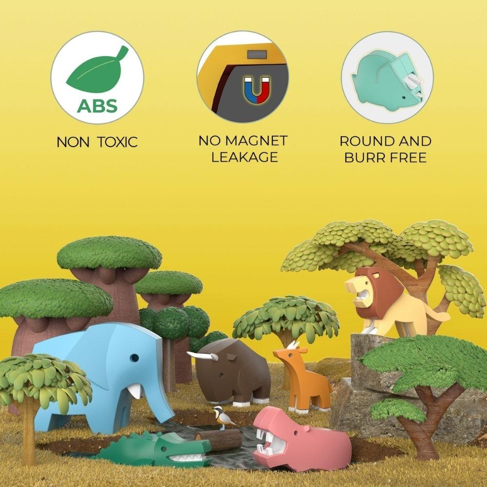 Destaque das características de segurança do puzzle Halftoys: plástico ABS atóxico, íman seguro e cantos redondos, com vários animais da coleção no diorama.
