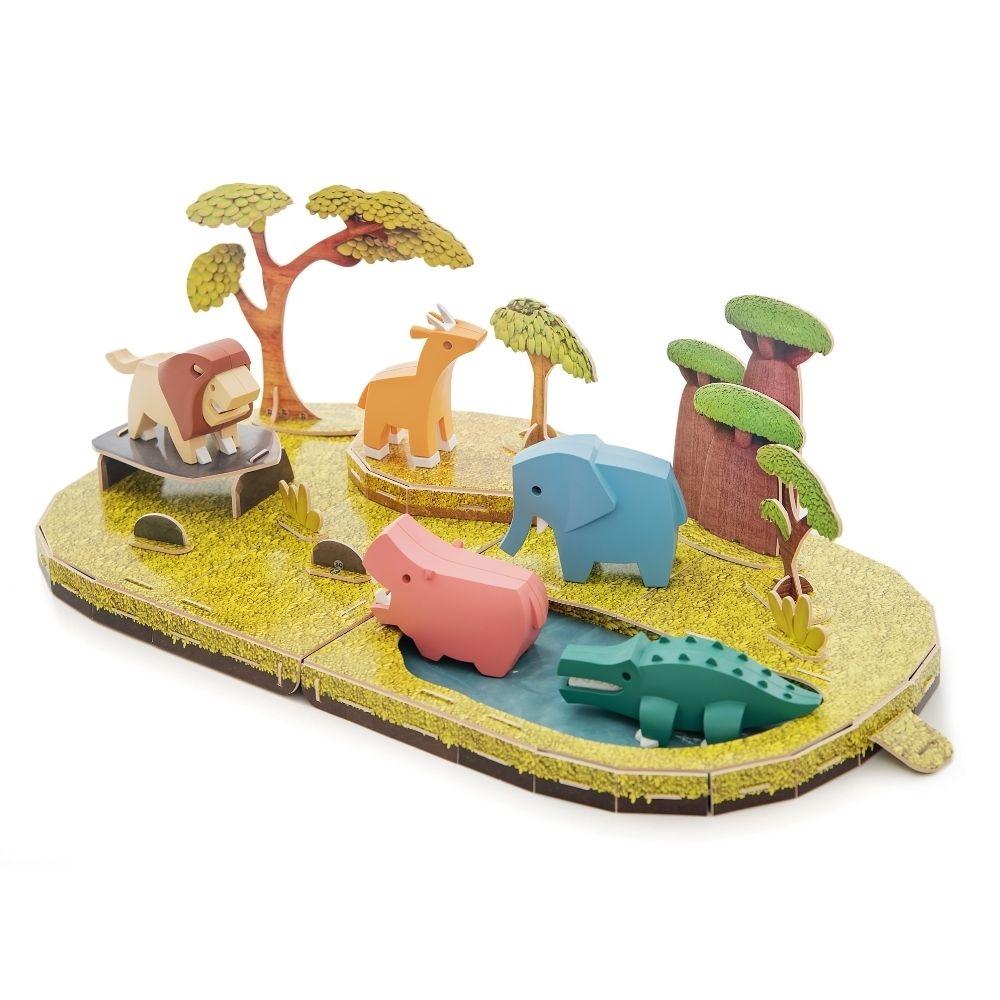 Conjunto completo do diorama do Mundo Animal da Halftoys, com todos os animais posicionados no cenário da savana em 3D.