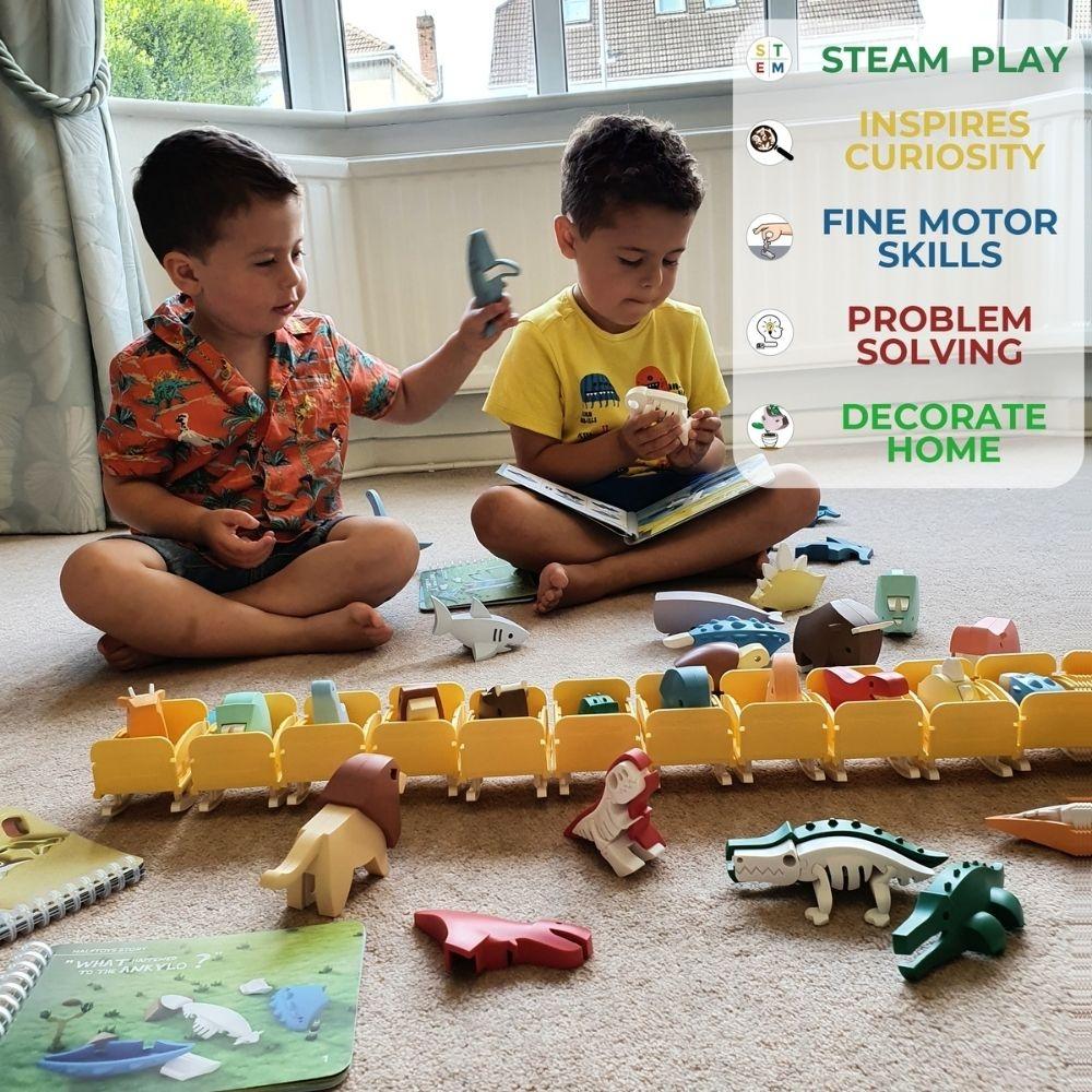 Crianças a brincar com o Halftoys Puzzle Diorama 3D, demonstrando o valor educativo e a diversão do brinquedo.