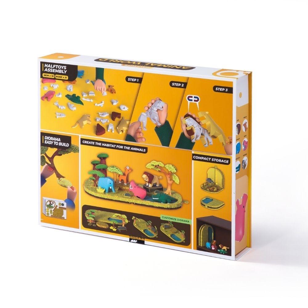 Parte traseira da embalagem do Halftoys Puzzle Diorama 3D, ilustrando as etapas de montagem e as características do produto.
