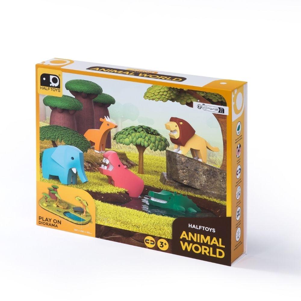 Embalagem do Halftoys Puzzle Diorama 3D - Mundo Animal, destacando o design do produto e a faixa etária recomendada.