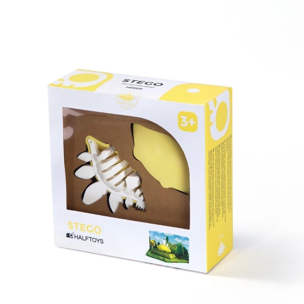 Caixa do Halftoys Puzzle Diorama 3D Stegosaurus mostrando o brinquedo e esqueleto.