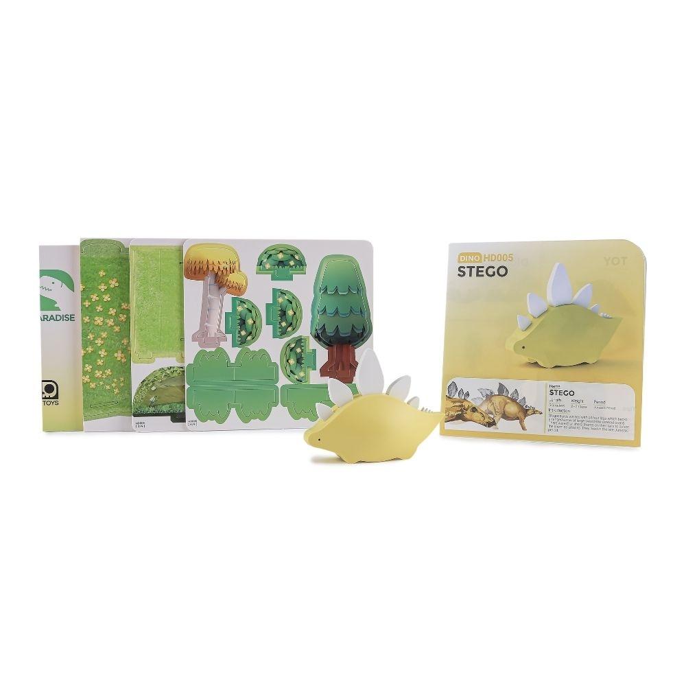 Conteúdo do conjunto Halftoys Puzzle Diorama 3D Stegosaurus: diorama, figura, caixa.