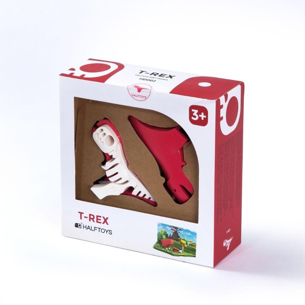 Embalagem do Halftoys Puzzle Diorama 3D T-Rex aberta, mostrando as peças exteriores e o esqueleto. Idade 3+.
