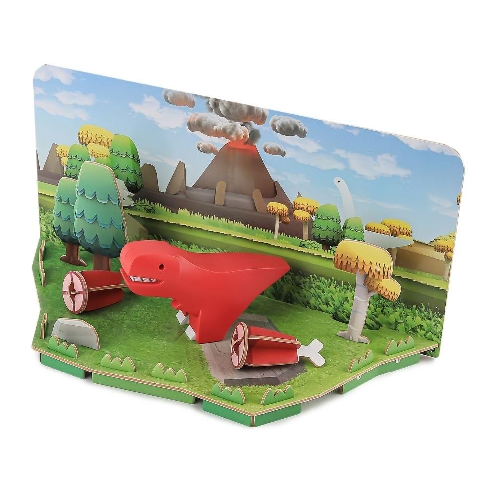 Conjunto Halftoys Puzzle Diorama 3D T-Rex montado, mostrando o dinossauro vermelho no diorama com vulcão e árvores.