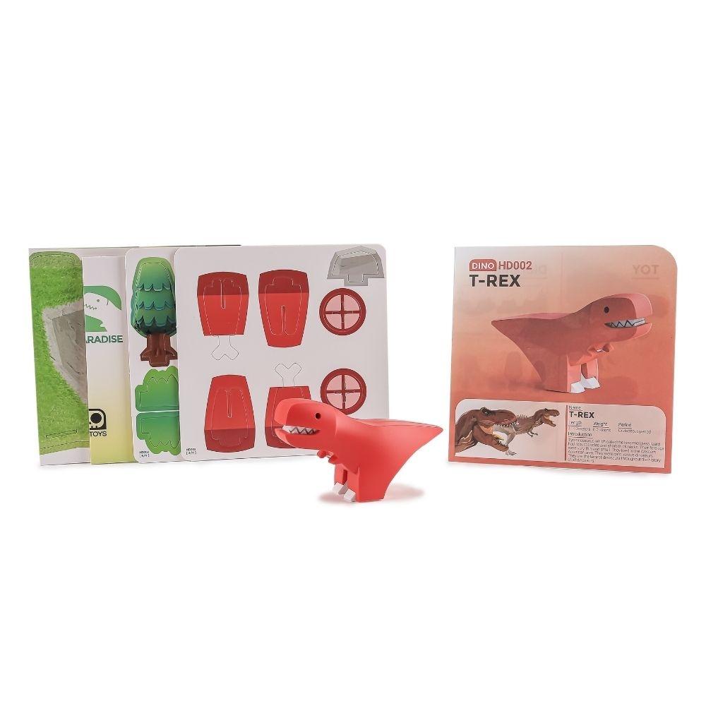 Conteúdo do Halftoys Puzzle Diorama 3D T-Rex: figura, folhas do diorama e embalagem.