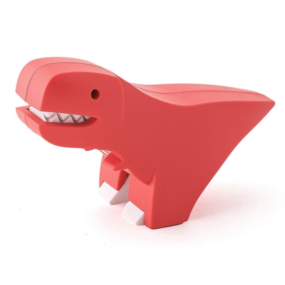 Figura magnética do Halftoys T-Rex em plástico vermelho, vista de lado, com dentes visíveis.