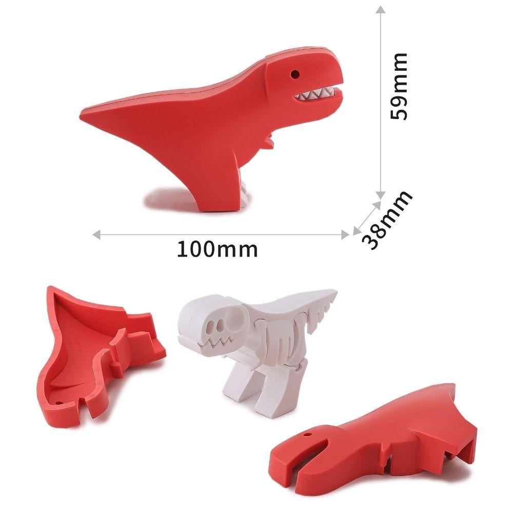 Peças do Halftoys T-Rex puzzle (exterior vermelho e esqueleto branco) com dimensões indicadas (100mm, 59mm, 38mm).