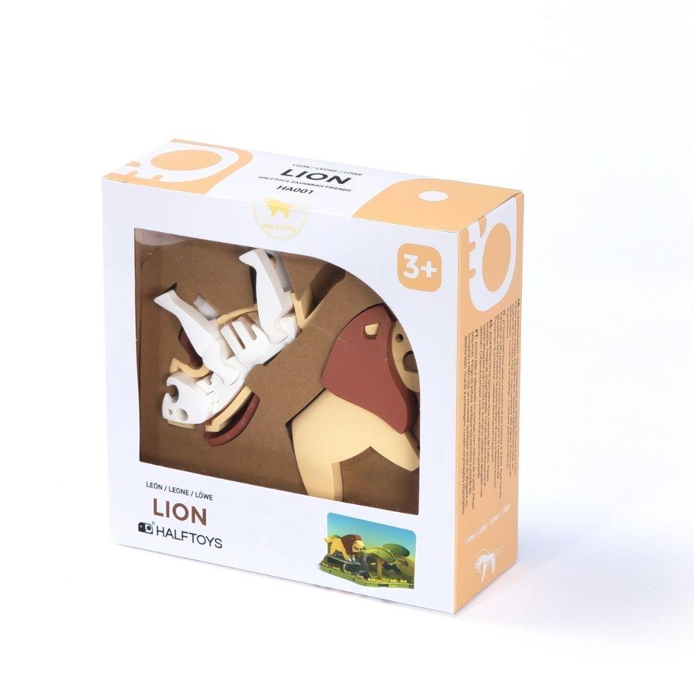 Caixa do Halftoys Puzzle Diorama 3D Leão, vista frontal, indicando idade 3+.
