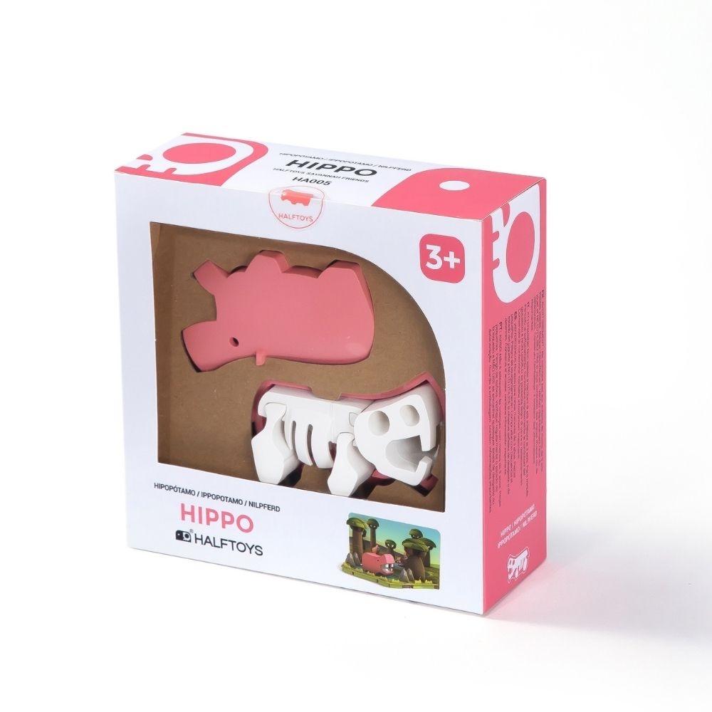 Embalagem do Halftoys Puzzle Diorama 3D Hipopótamo com a indicação de idade 3+.