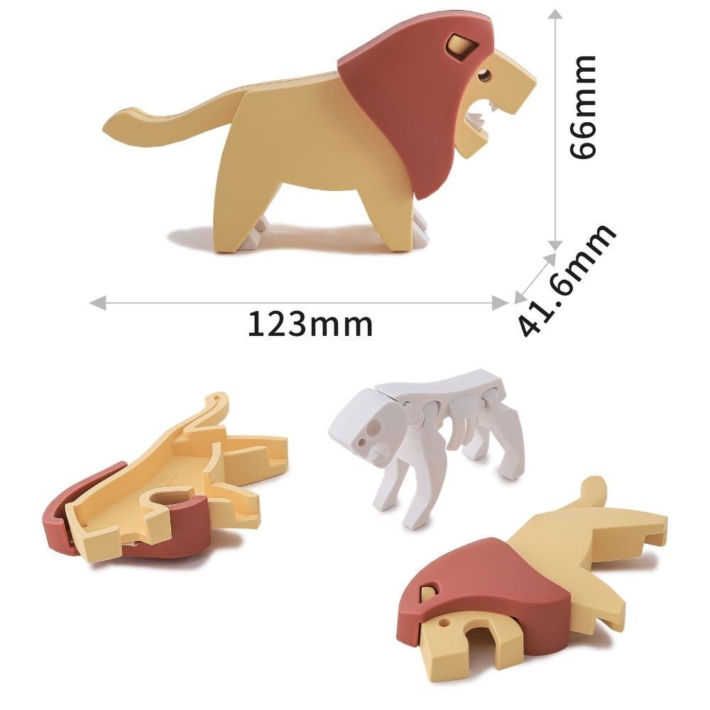 Componentes do Halftoys Puzzle Leão, mostrando o leão dividido, esqueleto e medidas.