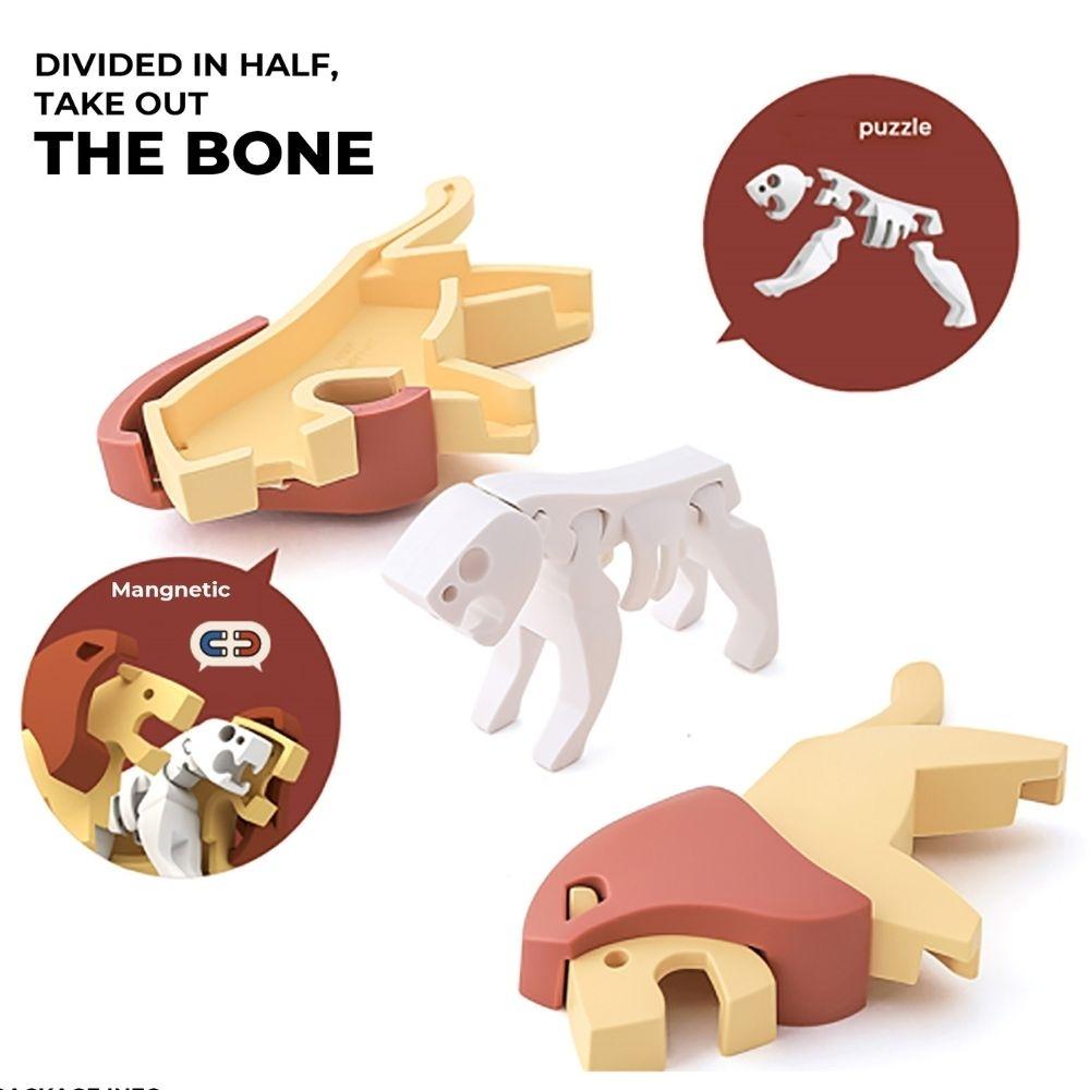 Demonstração do Halftoys Puzzle Leão dividindo-se magneticamente para remover o puzzle do esqueleto.