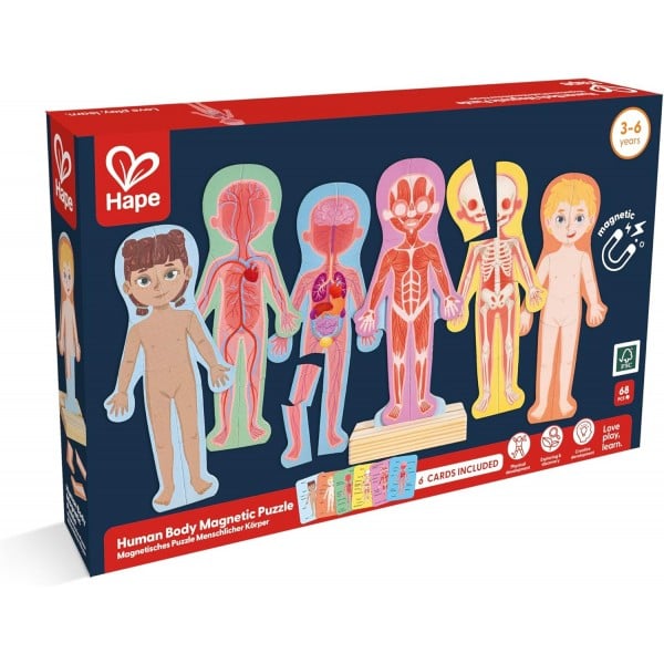Embalagem do Hape Puzzle Magnético Corpo Humano, mostrando as peças e o design do puzzle.