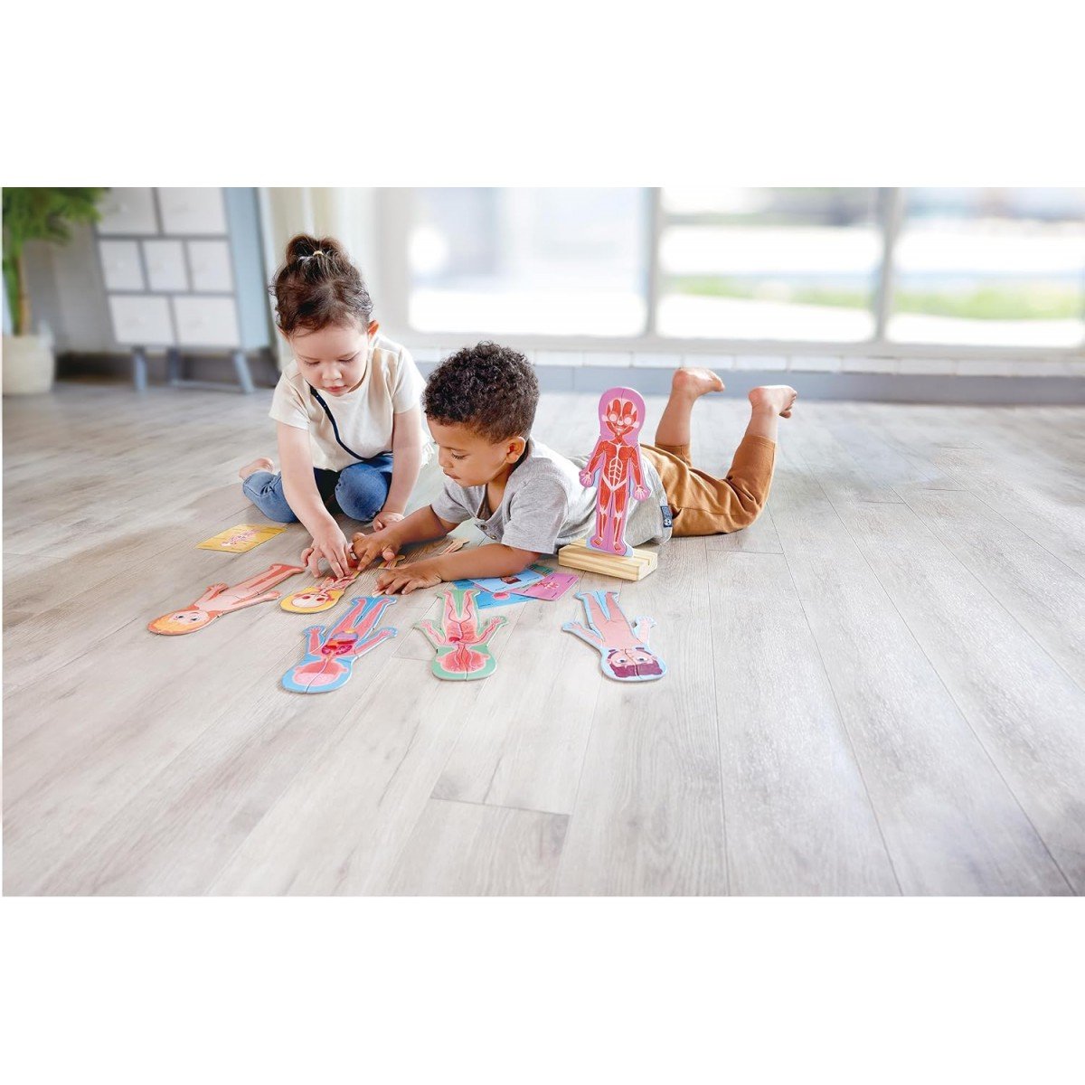 Crianças a brincar com o Hape Puzzle Magnético Corpo Humano no chão, explorando as peças.