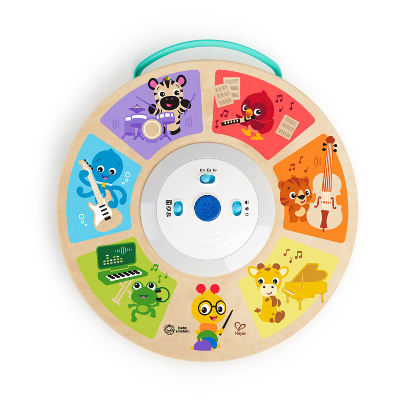 Vista superior do brinquedo musical Hape Baby Einstein Orquestra Magic Touch com animais e instrumentos.