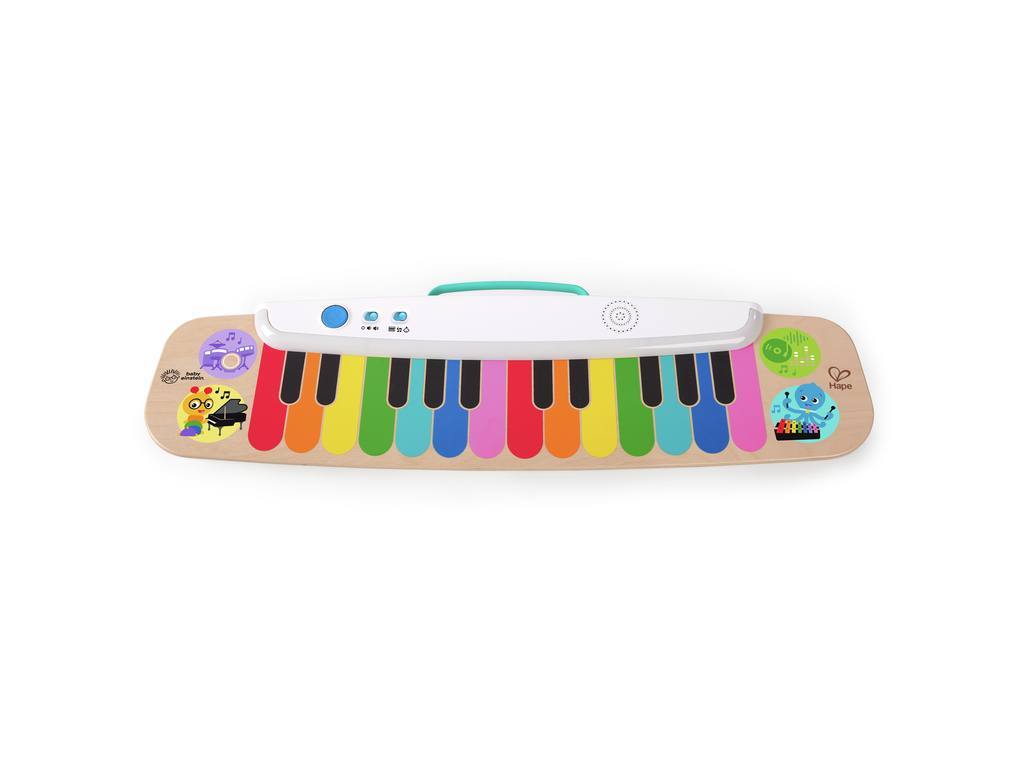 Vista detalhada do Hape Baby Einstein Teclado Musical Magic Touch com teclas coloridas e personagens.
