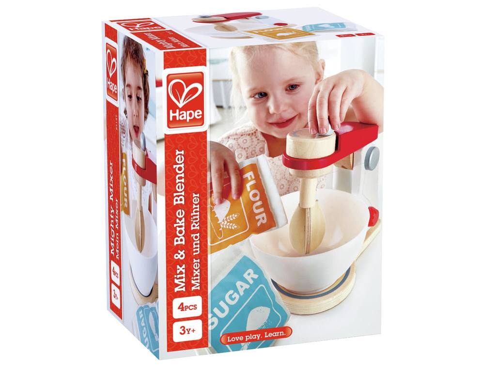 Embalagem da batedeira de brincar Hape "Mix & Bake Blender", mostrando uma criança a interagir com o brinquedo.