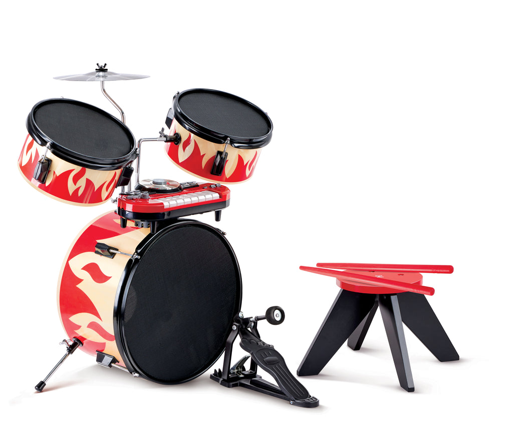 Bateria Cool Beats da Hape em madeira com teclado eletrónico, baquetas e banco para crianças