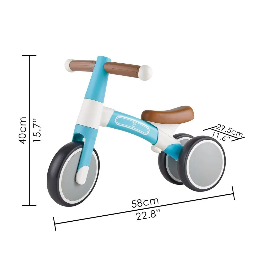 Diagrama da bicicleta de equilíbrio Hape com as dimensões em centímetros e polegadas (58cm comprimento, 40cm altura).