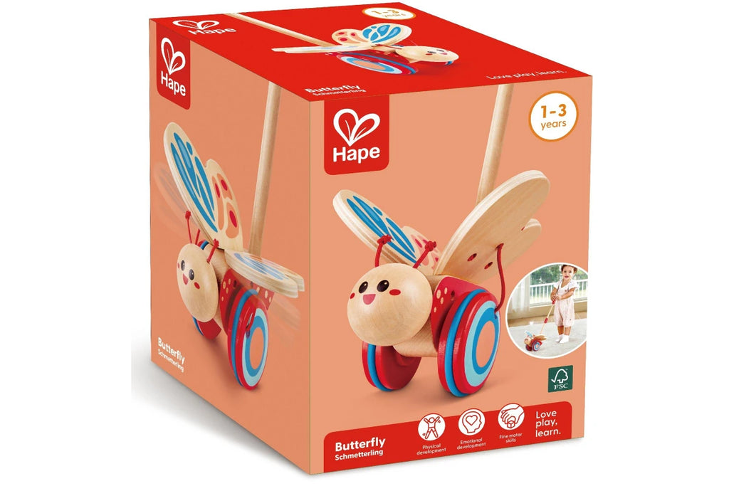 Borboleta de empurrar da Hape com asas coloridas e rodas com borracha