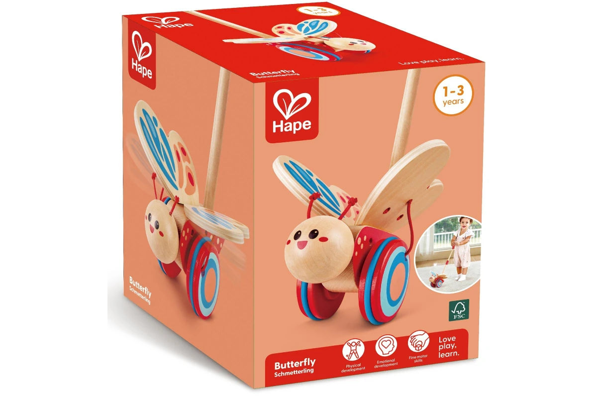 Borboleta de empurrar da Hape com asas coloridas e rodas com borracha