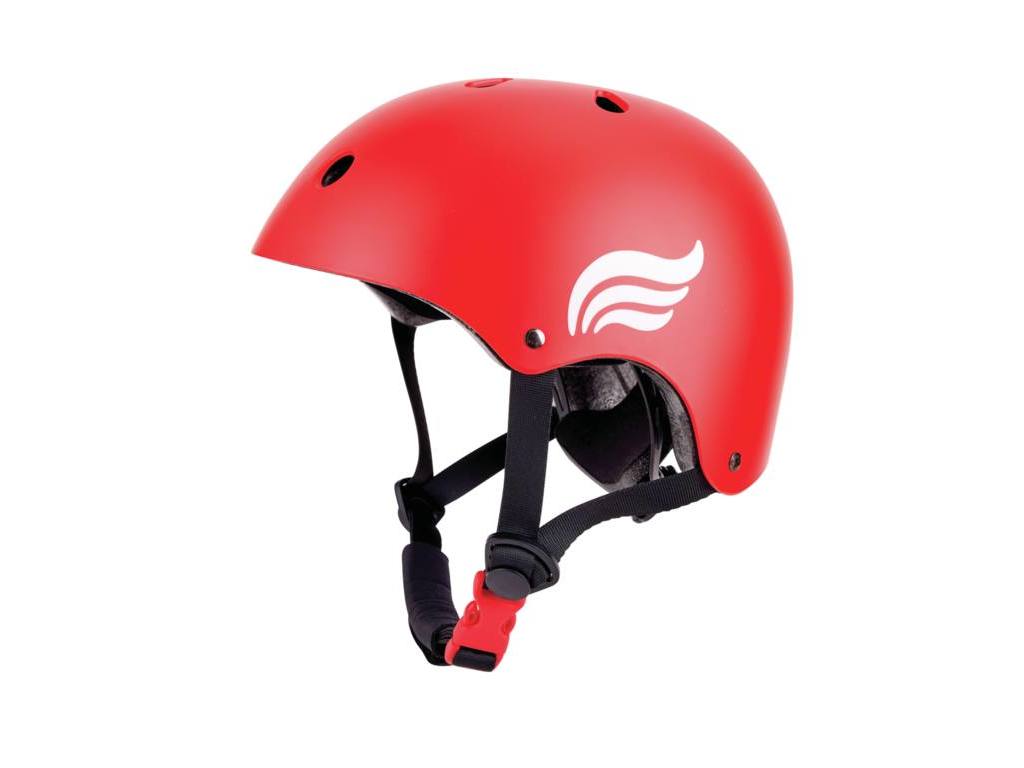 Capacete Hape vermelho ajustável para crianças, tamanho 48-52cm, com logótipo branco na lateral.