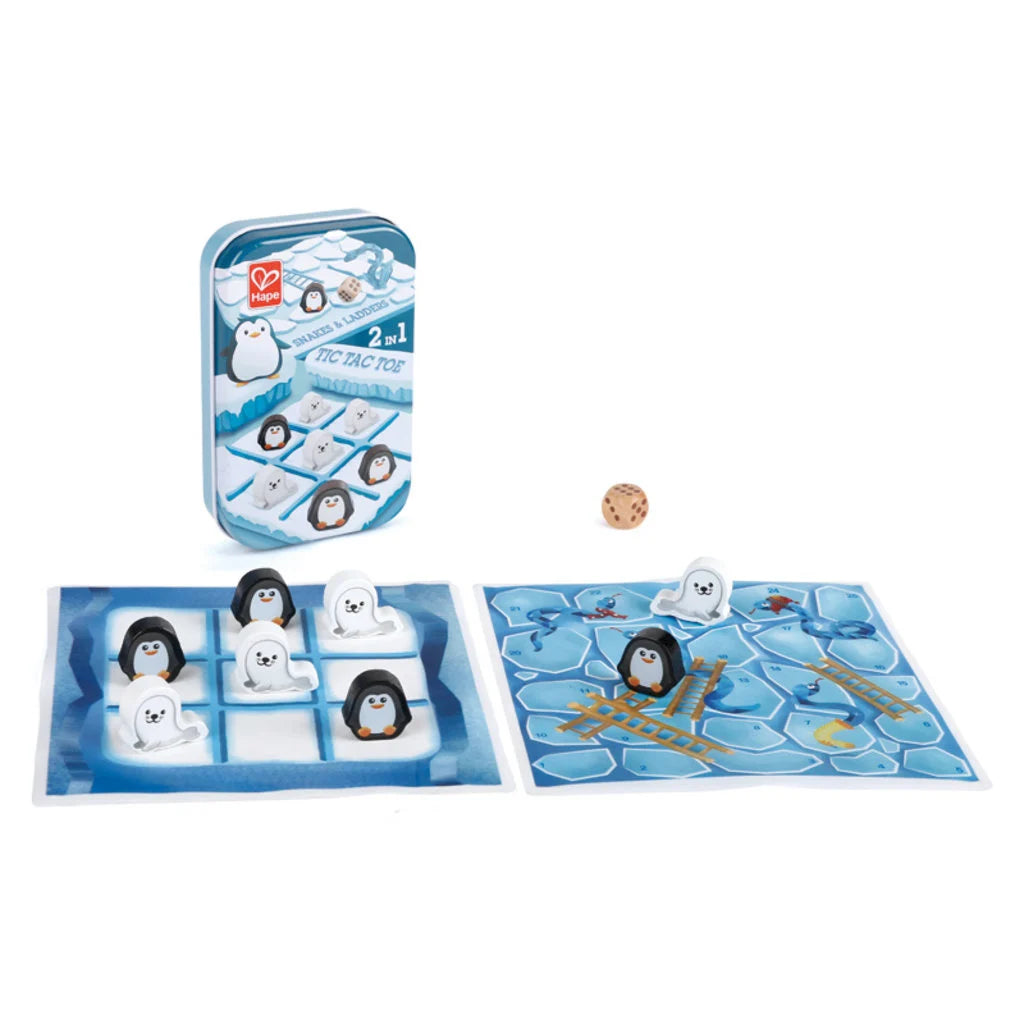 Detalhe do jogo Hape 2 em 1 Tic Tac Toe e Snakes & Ladders com peças de pinguim e foca e o dado.