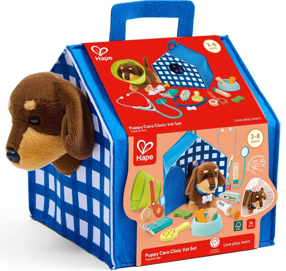 Conjunto de brinquedo Hape Clínica Veterinária com acessórios de madeira e peluche