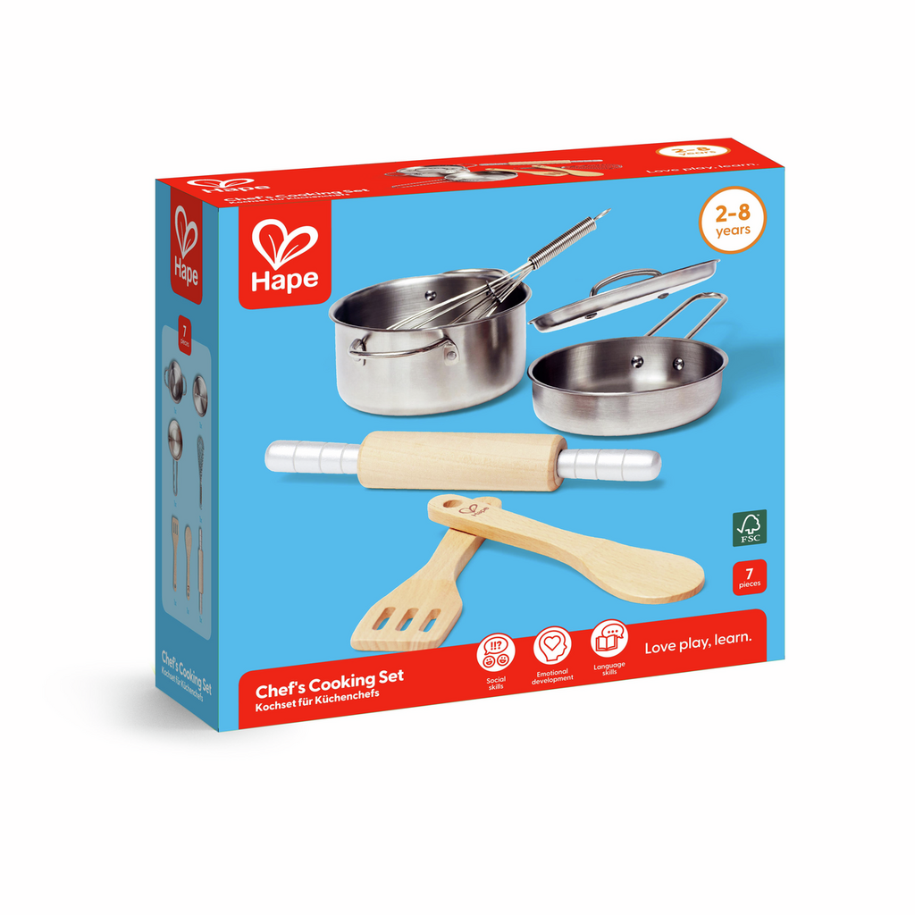 Embalagem do conjunto de cozinha Hape com panelas e utensílios de madeira.