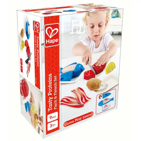 Caixa do produto "Hape Tasty Proteins Fisch & Fleisch Set" mostrando o conjunto de comida de madeira e crianças a brincar.