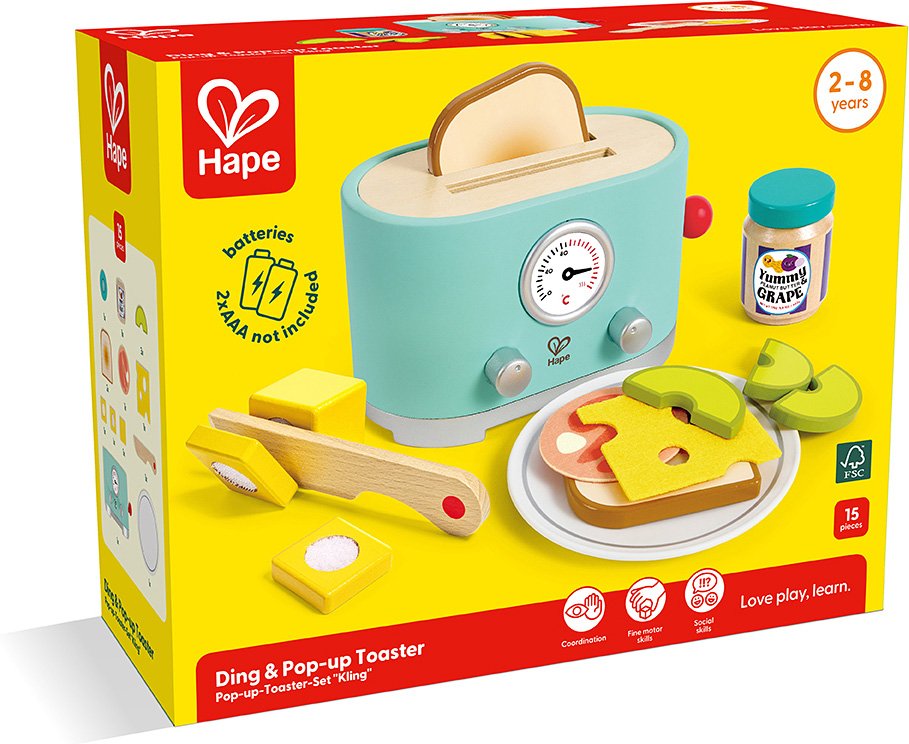 Torradeira de madeira Hape com pão inserido, mostrando o design interativo e moderno do conjunto de pequeno-almoço.