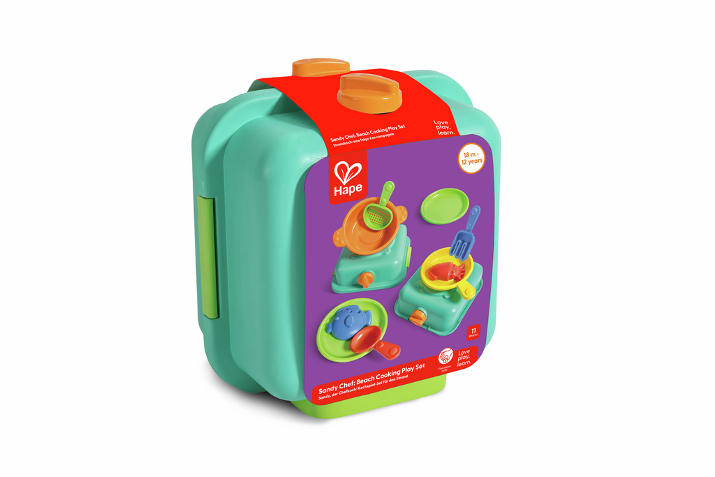 Mala de transporte verde do conjunto de cozinha de praia Hape com acessórios coloridos.