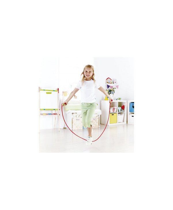 Corda de saltar Hape com empunhaduras coloridas decoradas com palhaços sorridentes. Ideal para brincar.