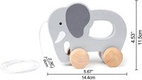 Vista lateral do elefante de puxar Hape em madeira cinzenta, com dimensões indicadas em polegadas e centímetros (11.5cm altura x 14.4cm largura).