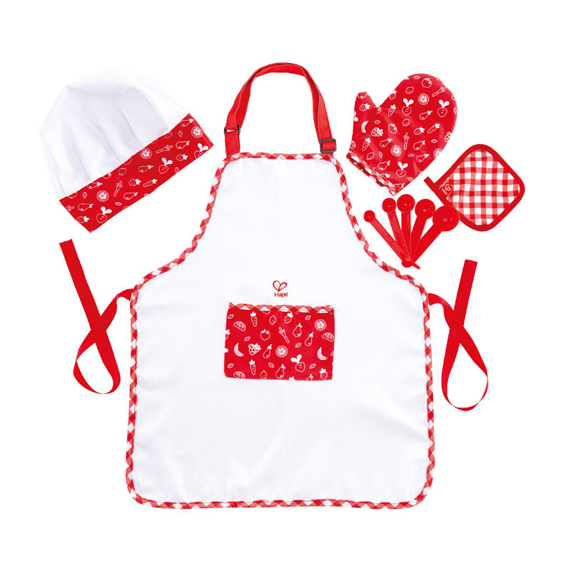 Conjunto Hape Fato de Chef pastelaria com avental, chapéu, luva, pega-panelas e colheres de medida.