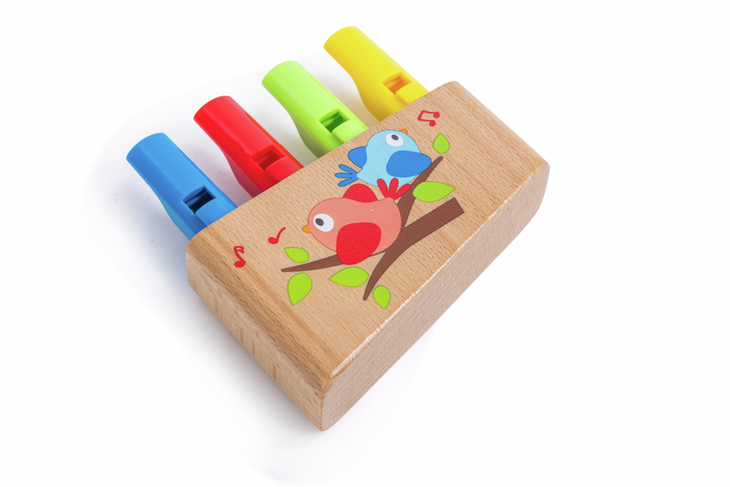 Flauta de pan de madeira Hape com 4 tubos coloridos e ilustrações de pássaros