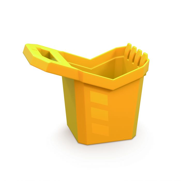 Detalhe do balde amarelo da Hape, desenhado para brincadeiras na areia com pega ergonómica.
