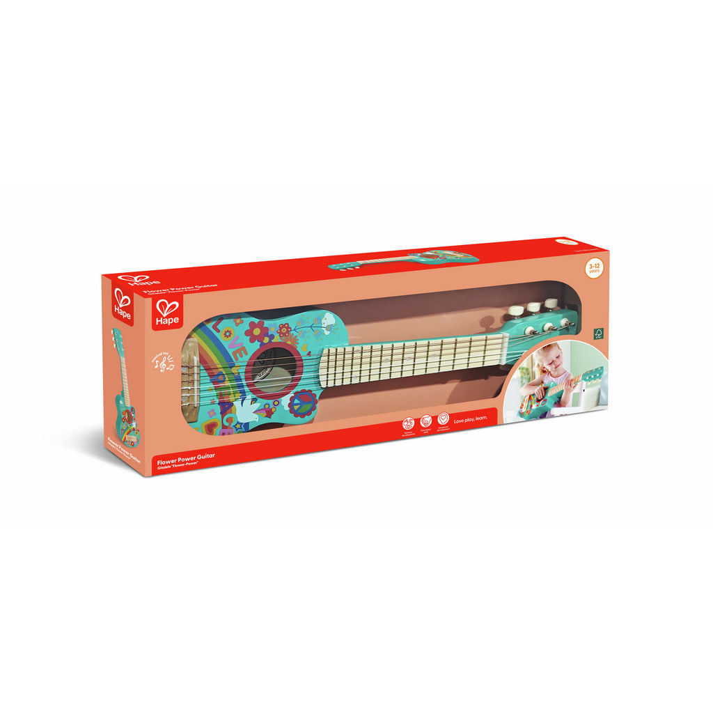 Guitarra de madeira Hape Flower Power com design retro e padrão de flores coloridas para crianças