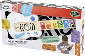 Guitarra Hape Magic Touch Baby Einstein em madeira, vista frontal, com painel de animais coloridos e seis cordas táteis.