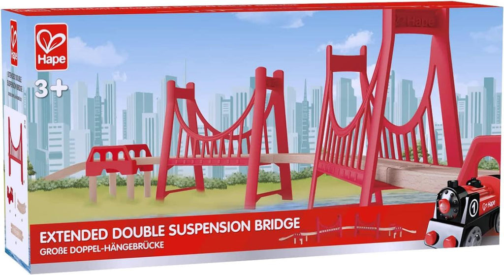 Caixa do Hape Kit Extensão Ponte Suspensa, mostrando a ponte dupla vermelha de madeira montada com um comboio Hape.