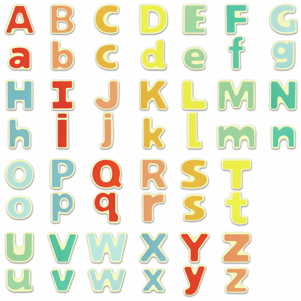 Conjunto completo de letras magnéticas Hape, maiúsculas e minúsculas, sobre fundo branco.