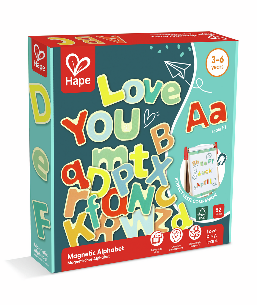 Embalagem das letras magnéticas Hape com letras coloridas e informações educativas.
