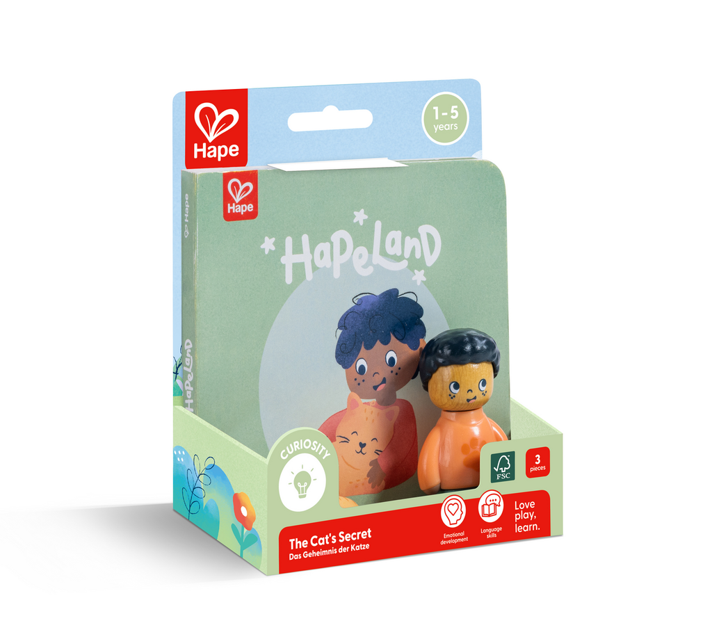 Conjunto Hape Livro e Bonecos Hapeland Cat's Secret com figuras e livro de histórias para crianças.