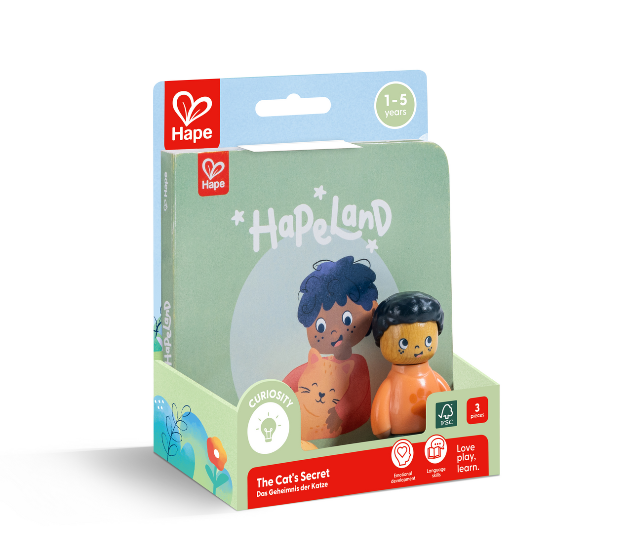 Conjunto Hape Livro e Bonecos Hapeland Cat's Secret com figuras e livro de histórias para crianças.