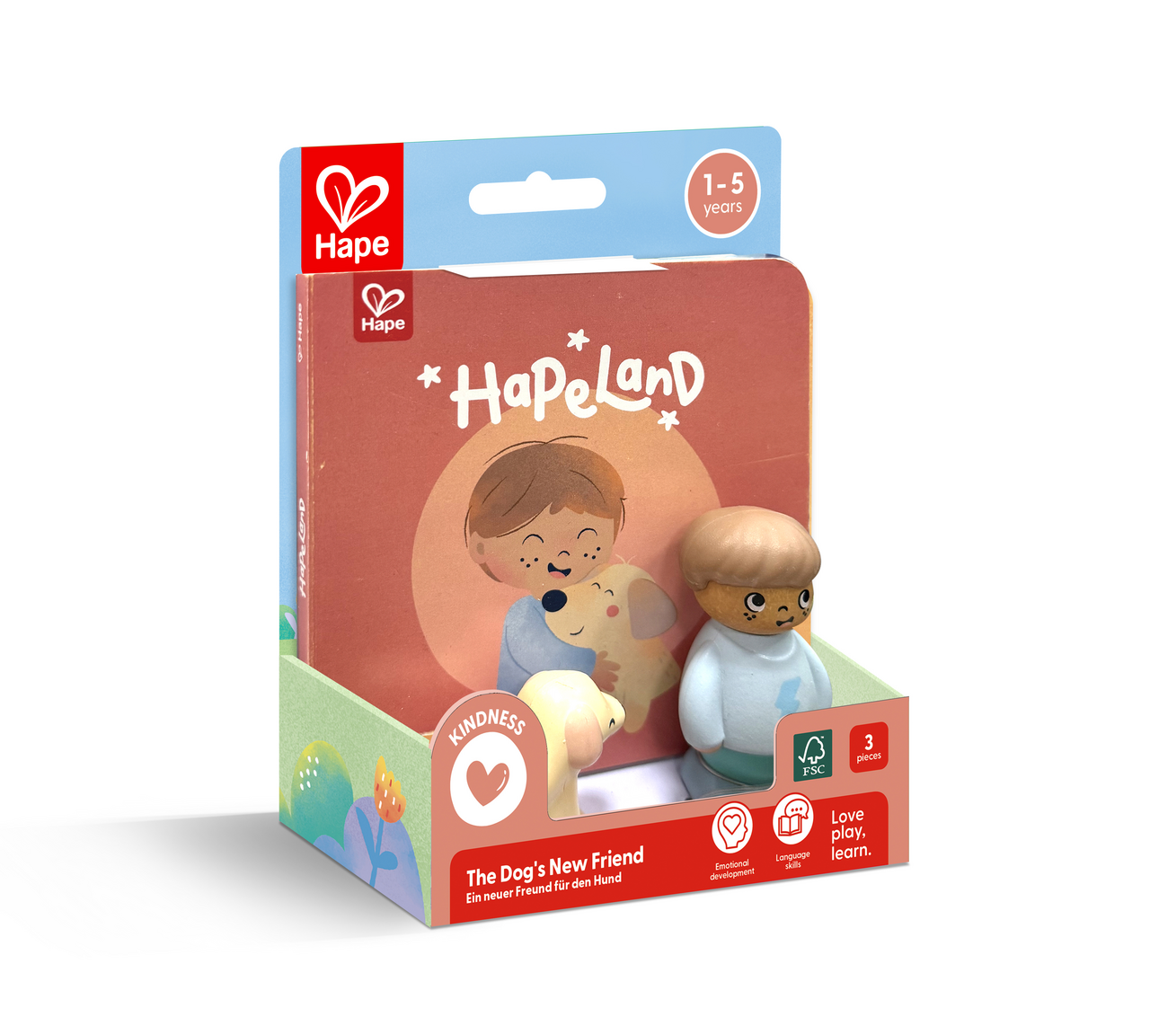 Conjunto Hape Land com dois bonecos de cães e livro de histórias sobre amizade