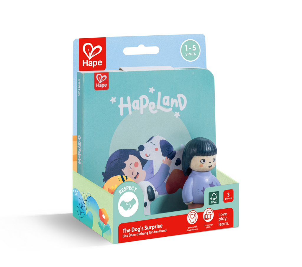 Conjunto de figuras e livro Hapeland Dog´s Surprise da marca Hape para brincadeira criativa.
