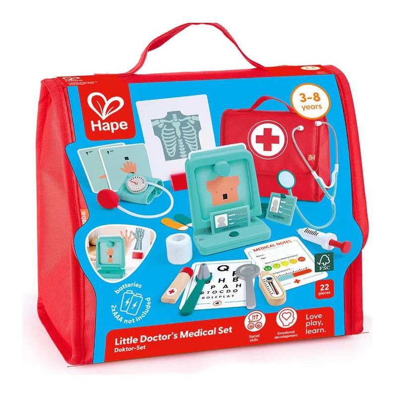 Mala médica Hape com raio-X: conjunto completo de brincar ao médico, incluindo estetoscópio, seringas, termómetro e raio-X, numa mala vermelha.