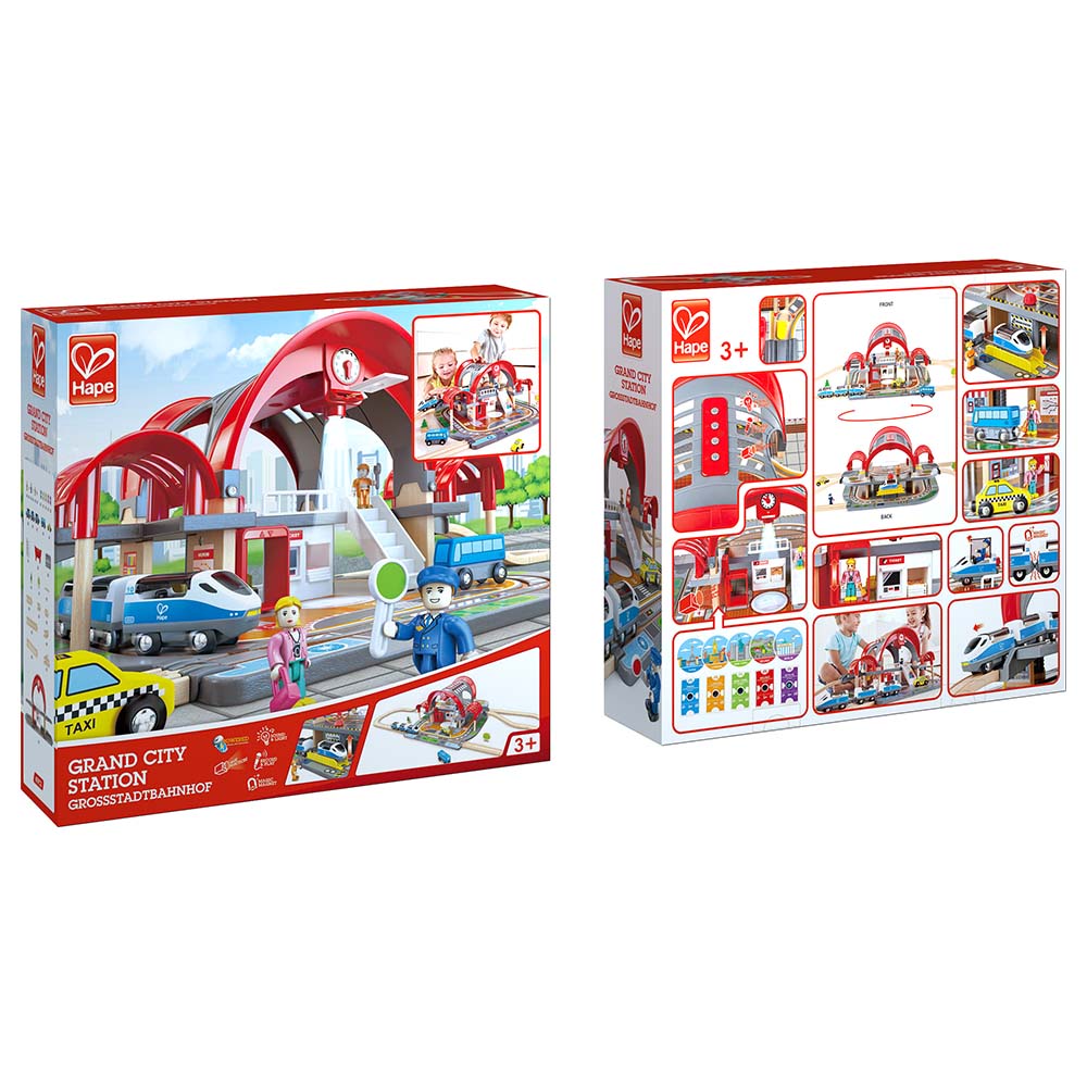 Imagem de duas caixas do Hape Mega Kit, uma frontal e outra lateral, detalhando os componentes e funcionalidades do conjunto.