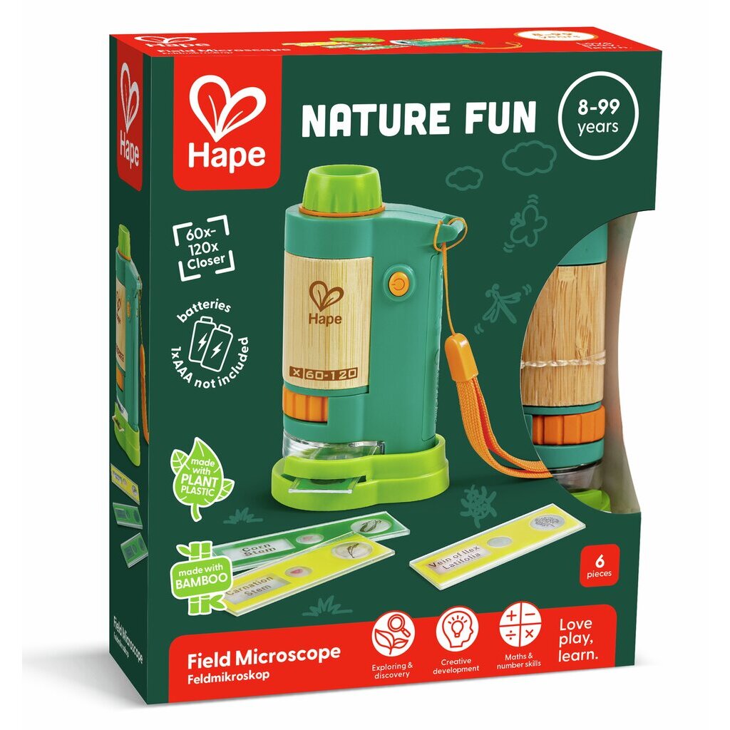 Microscópio de bolso Hape em bambu e plástico verde, com correia de pulso, pronto para exploração científica.